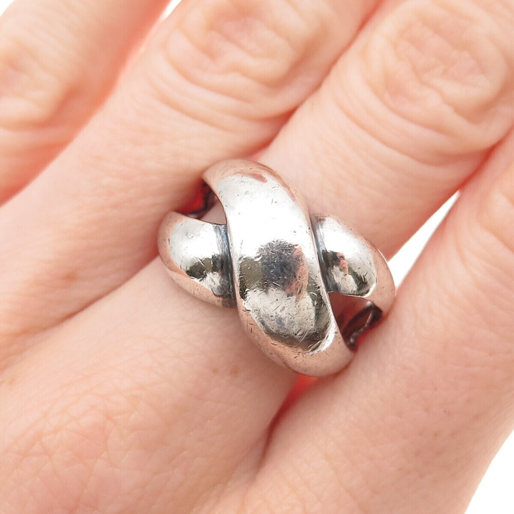 925 Sterling Silver Vintage Modernist X-Shape Oxidized Ring Size 8